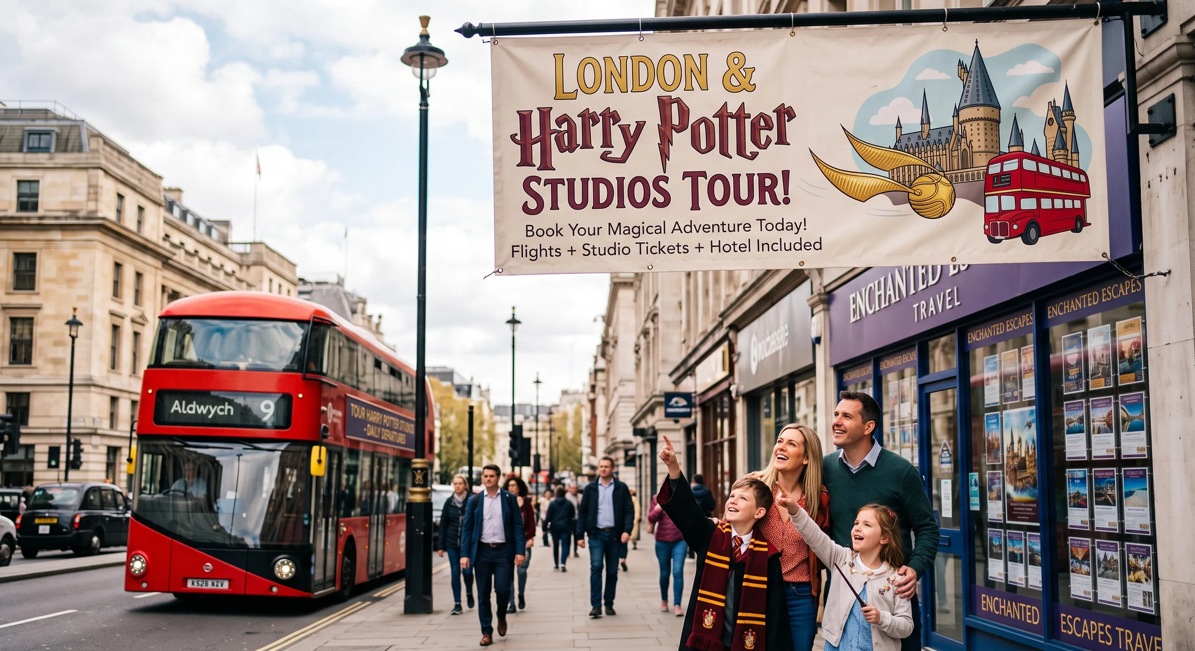 Banner zájezdu Londýn a Harry Potter Studios Tour nad ulicí s červeným patrovým autobusem